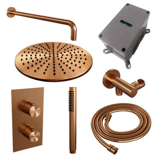 BRAUER Copper Edition thermostatische inbouw regendouche 3-weg omstelling SET 28 met 30 cm douchekop en gebogen muurarm en staaf handdouche en doucheslang en wandaansluitbocht koper geborsteld PVD