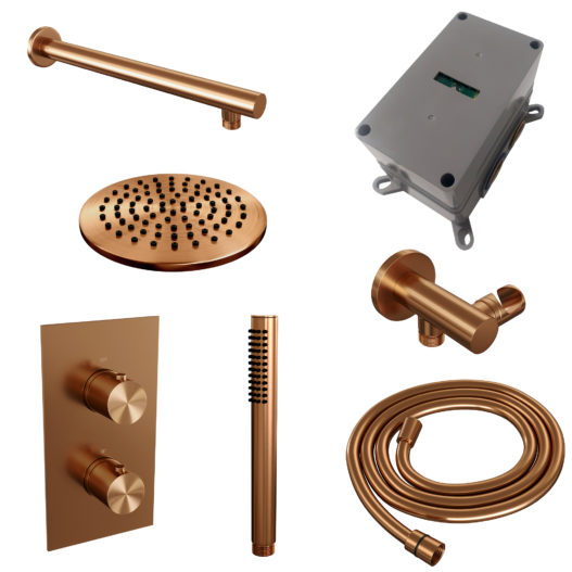 BRAUER Copper Edition thermostatische inbouw regendouche 3-weg omstelling SET 25 met 20 cm douchekop en rechte muurarm en staaf handdouche en doucheslang en wandaansluitbocht koper geborsteld PVD