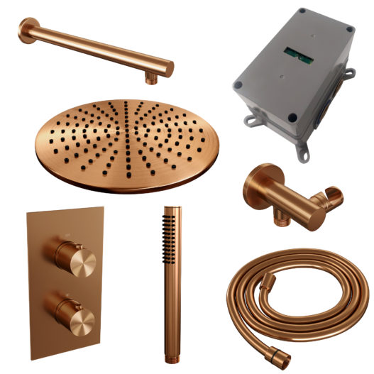 BRAUER Copper Edition thermostatische inbouw regendouche 3-weg omstelling SET 26 met 30 cm douchekop en rechte muurarm en staaf handdouche en doucheslang en wandaansluitbocht koper geborsteld PVD