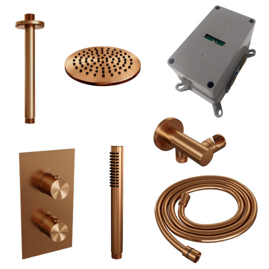 BRAUER Copper Edition thermostatische inbouw regendouche 3-weg omstelling SET 29 met 20 cm douchekop en plafondarm en staaf handdouche en doucheslang en wandaansluitbocht koper geborsteld PVD