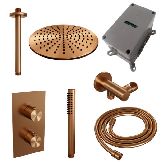 BRAUER Copper Edition thermostatische inbouw regendouche 3-weg omstelling SET 30 met 30 cm douchekop en plafondarm en staaf handdouche en doucheslang en wandaansluitbocht koper geborsteld PVD