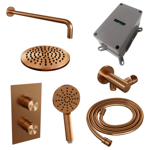 BRAUER Copper Edition thermostatische inbouw regendouche 3-weg omstelling SET 33 met 20 cm douchekop en gebogen muurarm en 3-standen handdouche en doucheslang en wandaansluitbocht koper geborsteld PVD