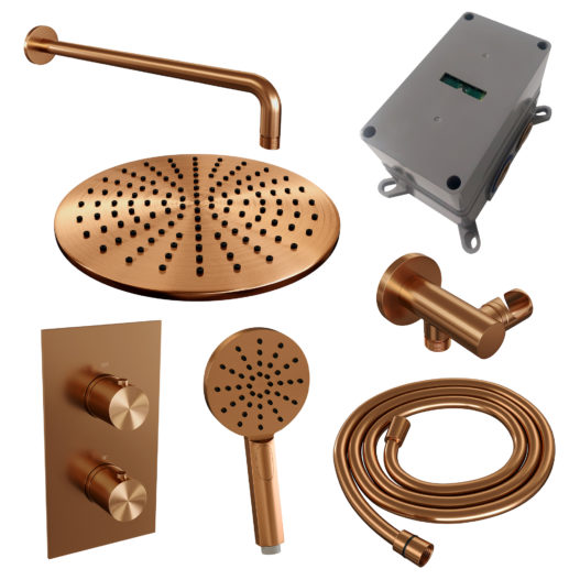 BRAUER Copper Edition thermostatische inbouw regendouche 3-weg omstelling SET 34 met 30 cm douchekop en gebogen muurarm en 3-standen handdouche en doucheslang en wandaansluitbocht koper geborsteld PVD