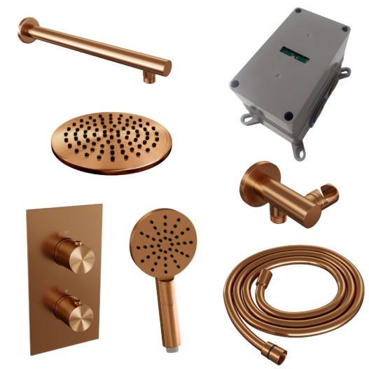 BRAUER Copper Edition thermostatische inbouw regendouche 3-weg omstelling SET 31 met 20 cm douchekop en rechte muurarm en 3-standen handdouche en doucheslang en wandaansluitbocht koper geborsteld PVD