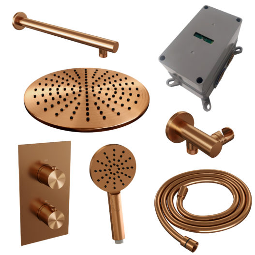 BRAUER Copper Edition thermostatische inbouw regendouche 3-weg omstelling SET 32 met 30 cm douchekop en rechte muurarm en 3-standen handdouche en doucheslang en wandaansluitbocht koper geborsteld PVD