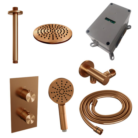 BRAUER Copper Edition thermostatische inbouw regendouche 3-weg omstelling SET 35 met 20 cm douchekop en plafondarm en 3-standen handdouche en doucheslang en wandaansluitbocht koper geborsteld PVD