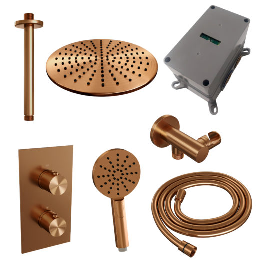 BRAUER Copper Edition thermostatische inbouw regendouche 3-weg omstelling SET 36 met 30 cm douchekop en plafondarm en 3-standen handdouche en doucheslang en wandaansluitbocht koper geborsteld PVD