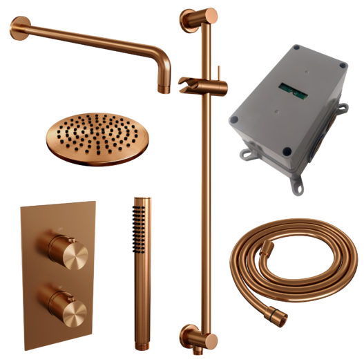 BRAUER Copper Edition thermostatische inbouw regendouche 3-weg omstelling SET 39 met 20 cm douchekop en gebogen muurarm en staaf handdouche en doucheslang en geïntegreerde glijstang koper geborsteld PVD