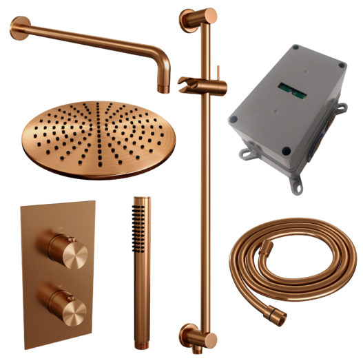 BRAUER Copper Edition thermostatische inbouw regendouche 3-weg omstelling SET 40 met 30 cm douchekop en gebogen muurarm en staaf handdouche en doucheslang en geïntegreerde glijstang koper geborsteld PVD