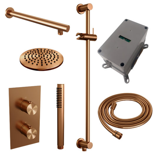 BRAUER Copper Edition thermostatische inbouw regendouche 3-weg omstelling SET 37 met 20 cm douchekop en rechte muurarm en staaf handdouche en doucheslang en geïntegreerde glijstang koper geborsteld PVD