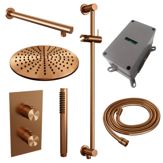 BRAUER Copper Edition thermostatische inbouw regendouche 3-weg omstelling SET 38 met 30 cm douchekop en rechte muurarm en staaf handdouche en doucheslang en geïntegreerde glijstang koper geborsteld PVD