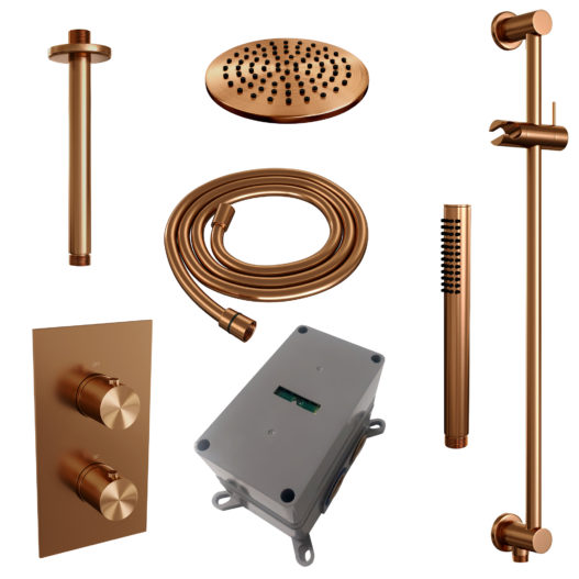 BRAUER Copper Edition thermostatische inbouw regendouche 3-weg omstelling SET 41 met 20 cm douchekop en plafondarm en staaf handdouche en doucheslang en geïntegreerde glijstang koper geborsteld PVD