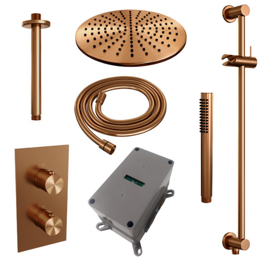 BRAUER Copper Edition thermostatische inbouw regendouche 3-weg omstelling SET 42 met 30 cm douchekop en plafondarm en staaf handdouche en doucheslang en geïntegreerde glijstang koper geborsteld PVD