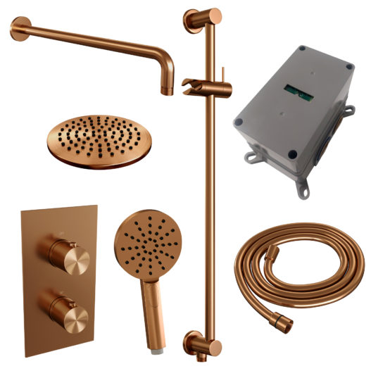 BRAUER Copper Edition thermostatische inbouw regendouche 3-weg omstelling SET 45 met 20 cm douchekop en gebogen muurarm en 3-standen handdouche en doucheslang en geïntegreerde glijstang koper geborsteld PVD