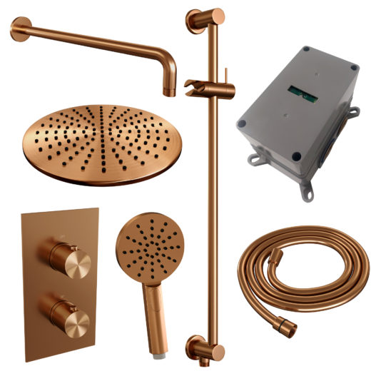 BRAUER Copper Edition thermostatische inbouw regendouche 3-weg omstelling SET 46 met 30 cm douchekop en gebogen muurarm en 3-standen handdouche en doucheslang en geïntegreerde glijstang koper geborsteld PVD