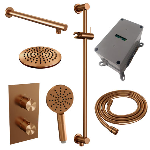 BRAUER Copper Edition thermostatische inbouw regendouche 3-weg omstelling SET 43 met 20 cm douchekop en rechte muurarm en 3-standen handdouche en doucheslang en geïntegreerde glijstang koper geborsteld PVD