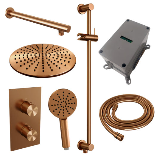 BRAUER Copper Edition thermostatische inbouw regendouche 3-weg omstelling SET 44 met 30 cm douchekop en rechte muurarm en 3-standen handdouche en doucheslang en geïntegreerde glijstang koper geborsteld PVD