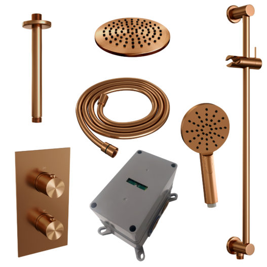 BRAUER Copper Edition thermostatische inbouw regendouche 3-weg omstelling SET 47 met 20 cm douchekop en plafondarm en 3-standen handdouche en doucheslang en geïntegreerde glijstang koper geborsteld PVD