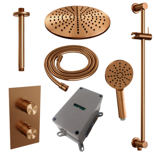 BRAUER Copper Edition thermostatische inbouw regendouche 3-weg omstelling SET 48 met 30 cm douchekop en plafondarm en 3-standen handdouche en doucheslang en geïntegreerde glijstang koper geborsteld PVD