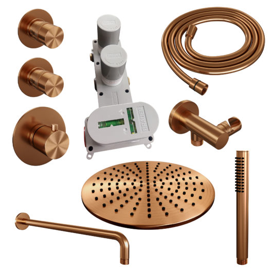 BRAUER Copper Edition thermostatische inbouw regendouche SET 04 met 30 cm douchekop en gebogen muurarm en staaf handdouche en doucheslang en wandaansluitbocht koper geborsteld PVD