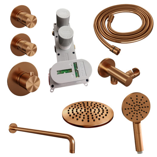 BRAUER Copper Edition thermostatische inbouw regendouche SET 09 met 20 cm douchekop en gebogen muurarm en 3-standen handdouche en doucheslang en wandaansluitbocht koper geborsteld PVD