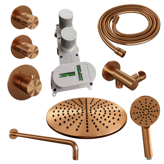 BRAUER Copper Edition thermostatische inbouw regendouche SET 10 met 30 cm douchekop en gebogen muurarm en 3-standen handdouche en doucheslang en wandaansluitbocht koper geborsteld PVD