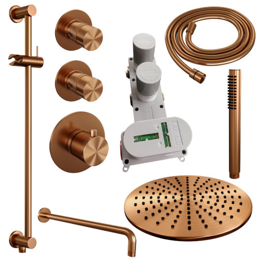 BRAUER Copper Edition thermostatische inbouw regendouche SET 16 met 30 cm douchekop en gebogen muurarm en staaf handdouche en doucheslang en geïntegreerde glijstang koper geborsteld PVD