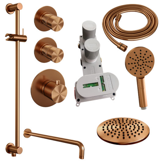 BRAUER Copper Edition thermostatische inbouw regendouche SET 21 met 20 cm douchekop en gebogen muurarm en 3-standen handdouche en doucheslang en geïntegreerde glijstang koper geborsteld PVD