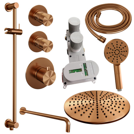 BRAUER Copper Edition thermostatische inbouw regendouche SET 22 met 30 cm douchekop en gebogen muurarm en 3-standen handdouche en doucheslang en geïntegreerde glijstang koper geborsteld PVD