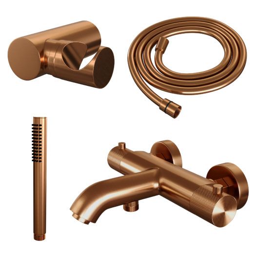 BRAUER Copper Carving opbouw baddouche thermostaatkraan SET 03 met wandhouder en staaf handdouche en doucheslang koper geborsteld PVD