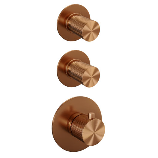 BRAUER Copper Carving thermostatische inbouw regendouche SET 01 met 20 cm douchekop en rechte muurarm en staaf handdouche en doucheslang en wandaansluitbocht koper geborsteld PVD