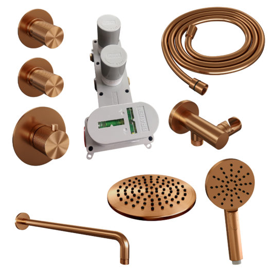 BRAUER Copper Carving thermostatische inbouw regendouche SET 09 met 20 cm douchekop en gebogen muurarm en 3-standen handdouche en doucheslang en wandaansluitbocht koper geborsteld PVD