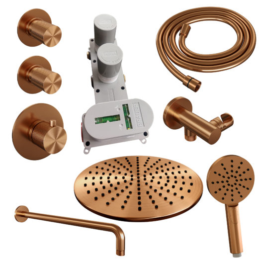 BRAUER Copper Carving thermostatische inbouw regendouche SET 10 met 30 cm douchekop en gebogen muurarm en 3-standen handdouche en doucheslang en wandaansluitbocht koper geborsteld PVD