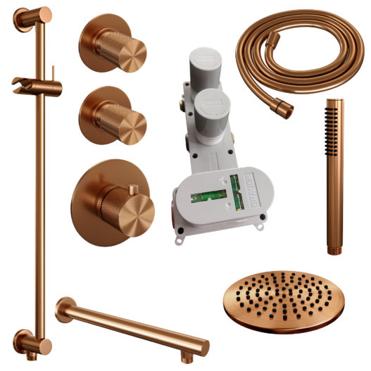 BRAUER Copper Carving thermostatische inbouw regendouche SET 13 met 20 cm douchekop en rechte muurarm en staaf handdouche en doucheslang en geïntegreerde glijstang koper geborsteld PVD