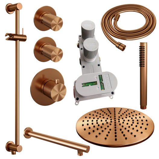 BRAUER Copper Carving thermostatische inbouw regendouche SET 14 met 30 cm douchekop en rechte muurarm en staaf handdouche en doucheslang en geïntegreerde glijstang koper geborsteld PVD