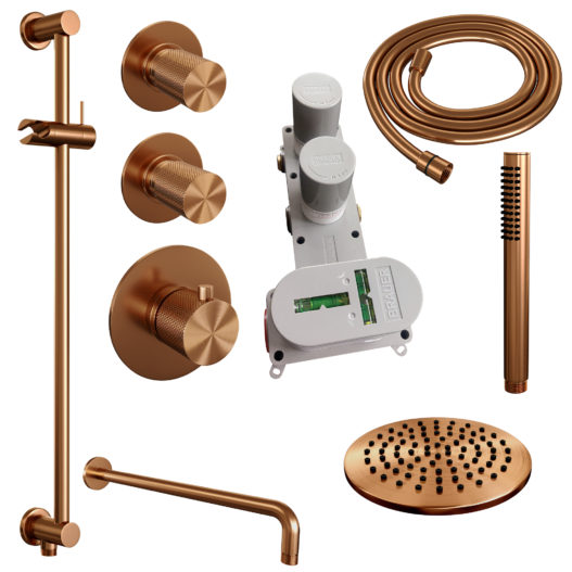 BRAUER Copper Carving thermostatische inbouw regendouche SET 15 met 20 cm douchekop en gebogen muurarm en staaf handdouche en doucheslang en geïntegreerde glijstang koper geborsteld PVD