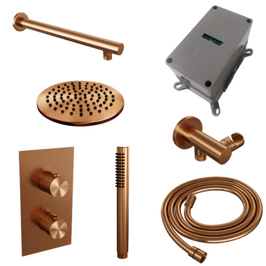 BRAUER Copper Carving thermostatische inbouw regendouche 3-weg omstelling SET 25 met 20 cm douchekop en rechte muurarm en staaf handdouche en doucheslang en wandaansluitbocht koper geborsteld PVD