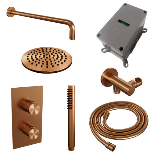 BRAUER Copper Carving thermostatische inbouw regendouche 3-weg omstelling SET 27 met 20 cm douchekop en gebogen muurarm en staaf handdouche en doucheslang en wandaansluitbocht koper geborsteld PVD