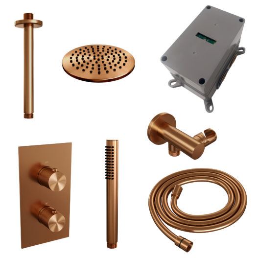 BRAUER Copper Carving thermostatische inbouw regendouche 3-weg omstelling SET 29 met 20 cm douchekop en plafondarm en staaf handdouche en doucheslang en wandaansluitbocht koper geborsteld PVD