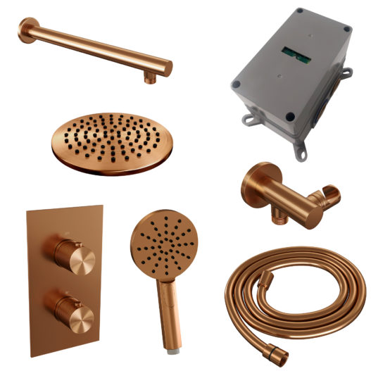 BRAUER Copper Carving thermostatische inbouw regendouche 3-weg omstelling SET 31 met 20 cm douchekop en rechte muurarm en 3-standen handdouche en doucheslang en wandaansluitbocht koper geborsteld PVD