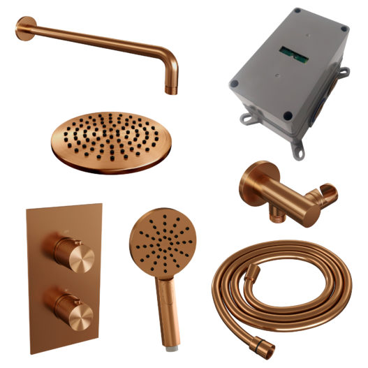 BRAUER Copper Carving thermostatische inbouw regendouche 3-weg omstelling SET 33 met 20 cm douchekop en gebogen muurarm en 3-standen handdouche en doucheslang en wandaansluitbocht koper geborsteld PVD