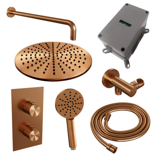 BRAUER Copper Carving thermostatische inbouw regendouche 3-weg omstelling SET 34 met 30 cm douchekop en gebogen muurarm en 3-standen handdouche en doucheslang en wandaansluitbocht koper geborsteld PVD