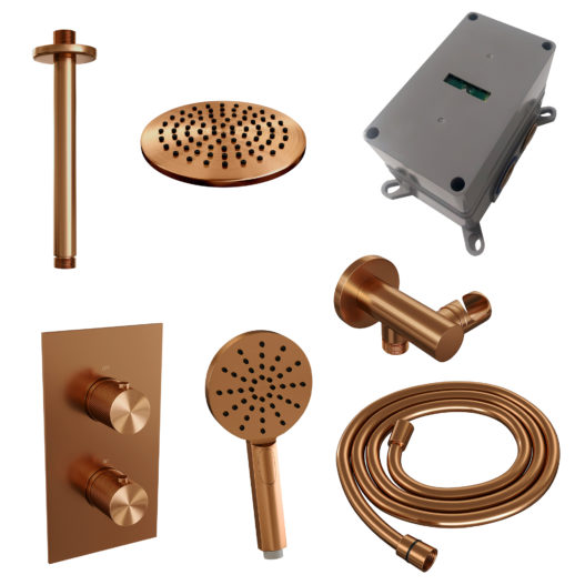 BRAUER Copper Carving thermostatische inbouw regendouche 3-weg omstelling SET 35 met 20 cm douchekop en plafondarm en 3-standen handdouche en doucheslang en wandaansluitbocht koper geborsteld PVD