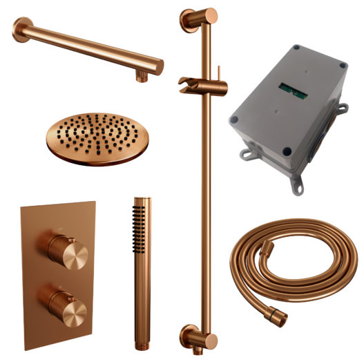 BRAUER Copper Carving thermostatische inbouw regendouche 3-weg omstelling SET 37 met 20 cm douchekop en rechte muurarm en staaf handdouche en doucheslang en geïntegreerde glijstang koper geborsteld PVD