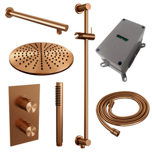 BRAUER Copper Carving thermostatische inbouw regendouche 3-weg omstelling SET 38 met 30 cm douchekop en rechte muurarm en staaf handdouche en doucheslang en geïntegreerde glijstang koper geborsteld PVD