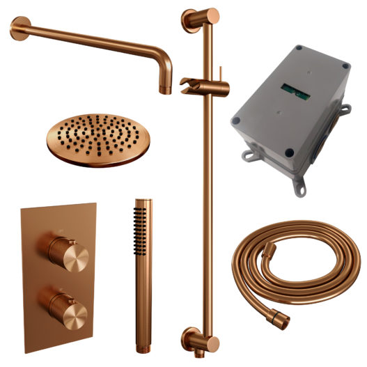 BRAUER Copper Carving thermostatische inbouw regendouche 3-weg omstelling SET 39 met 20 cm douchekop en gebogen muurarm en staaf handdouche en doucheslang en geïntegreerde glijstang koper geborsteld PVD