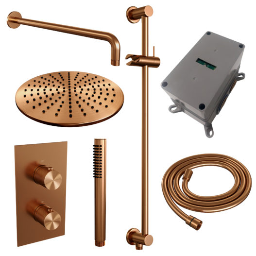 BRAUER Copper Carving thermostatische inbouw regendouche 3-weg omstelling SET 40 met 30 cm douchekop en gebogen muurarm en staaf handdouche en doucheslang en geïntegreerde glijstang koper geborsteld PVD