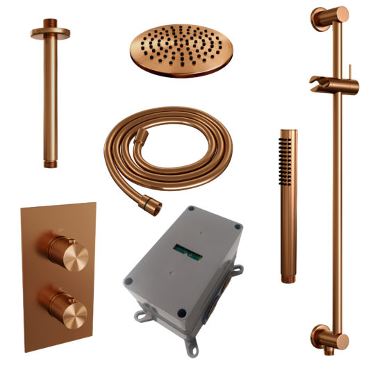 BRAUER Copper Carving thermostatische inbouw regendouche 3-weg omstelling SET 41 met 20 cm douchekop en plafondarm en staaf handdouche en doucheslang en geïntegreerde glijstang koper geborsteld PVD