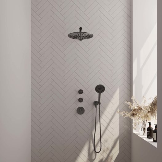 BRAUER Gunmetal Edition thermostatische inbouw regendouche SET 08 met 30 cm douchekop en rechte muurarm en 3-standen handdouche en doucheslang en wandaansluitbocht gunmetal geborsteld PVD