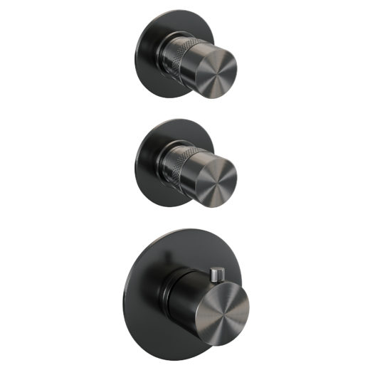 BRAUER Gunmetal Edition thermostatische inbouw regendouche SET 08 met 30 cm douchekop en rechte muurarm en 3-standen handdouche en doucheslang en wandaansluitbocht gunmetal geborsteld PVD